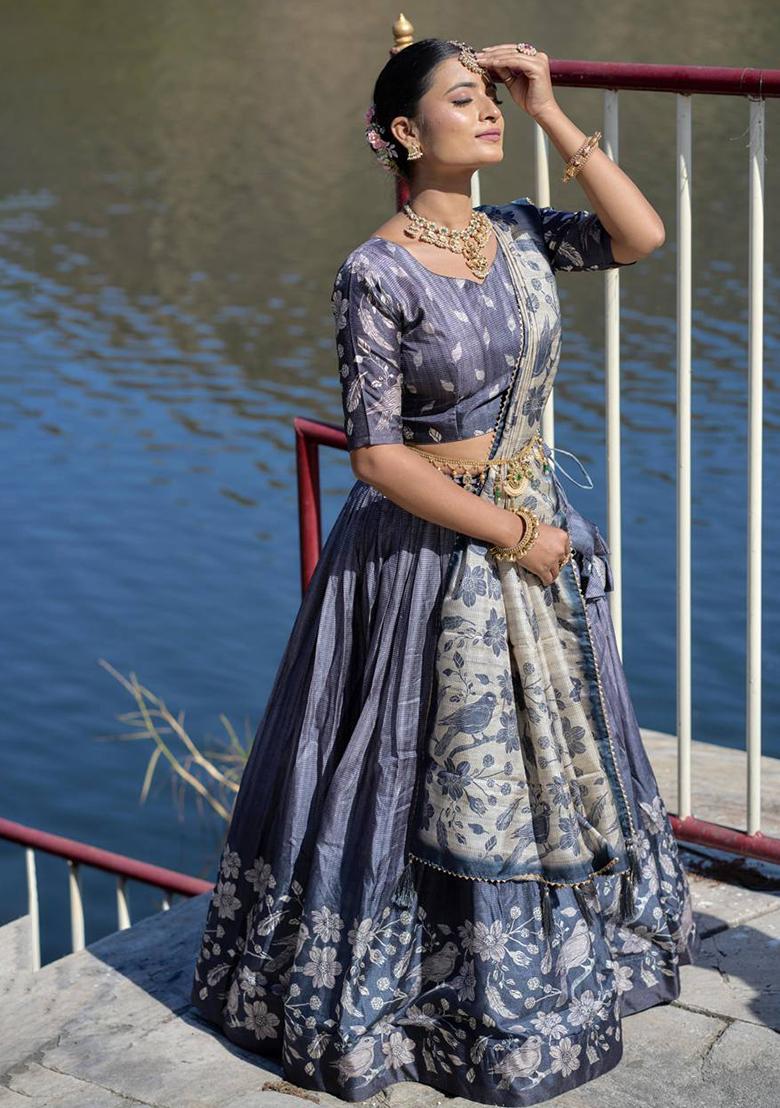 Grey Printed Pure Manipuri Silk Lehenga Set With Dupatta