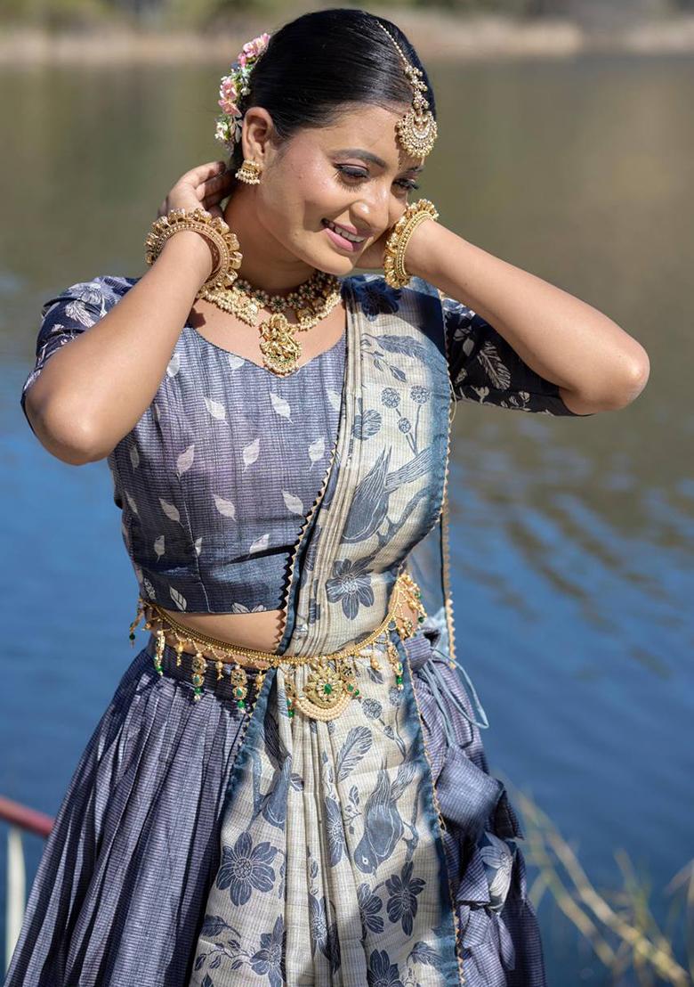 Grey Printed Pure Manipuri Silk Lehenga Set With Dupatta