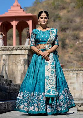 Rama Green Printed Pure Manipuri Silk Lehenga Set With Dupatta