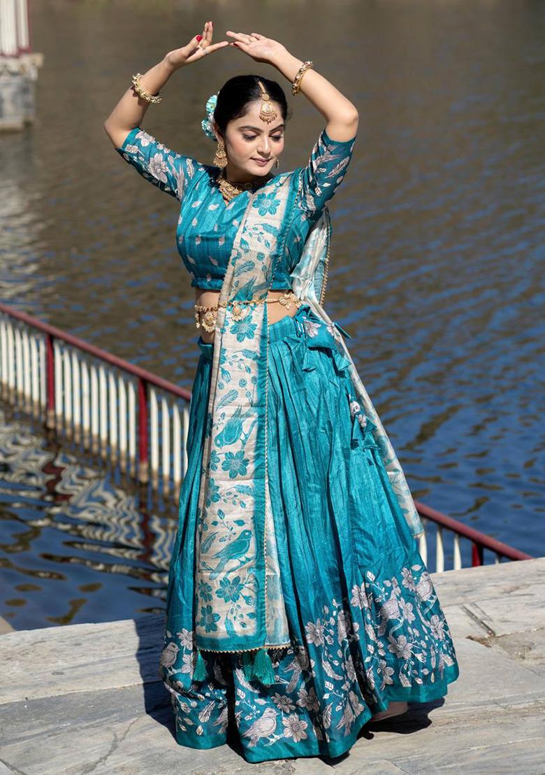 Rama Green Printed Pure Manipuri Silk Lehenga Set With Dupatta