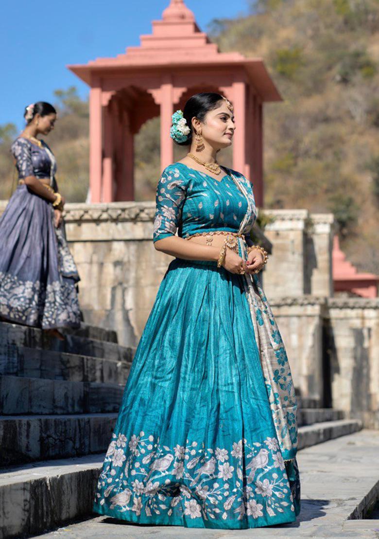 Rama Green Printed Pure Manipuri Silk Lehenga Set With Dupatta