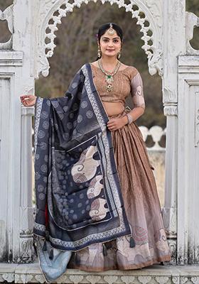 Brown Printed Pure Manipuri Silk Lehenga Set With Dupatta