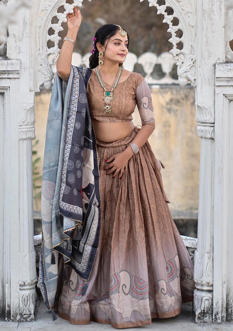Brown Printed Pure Manipuri Silk Lehenga Set With Dupatta