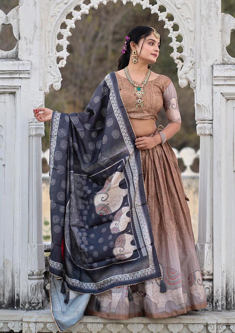 Brown Printed Pure Manipuri Silk Lehenga Set With Dupatta