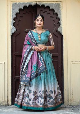 Rama Green Printed Pure Manipuri Silk Lehenga Set With Dupatta