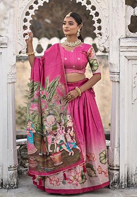 Pink Printed Pure Manipuri Silk Lehenga Set With Dupatta