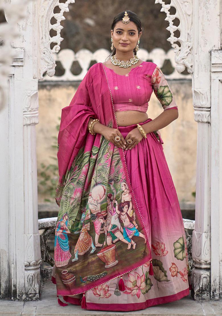 Pink Printed Pure Manipuri Silk Lehenga Set With Dupatta