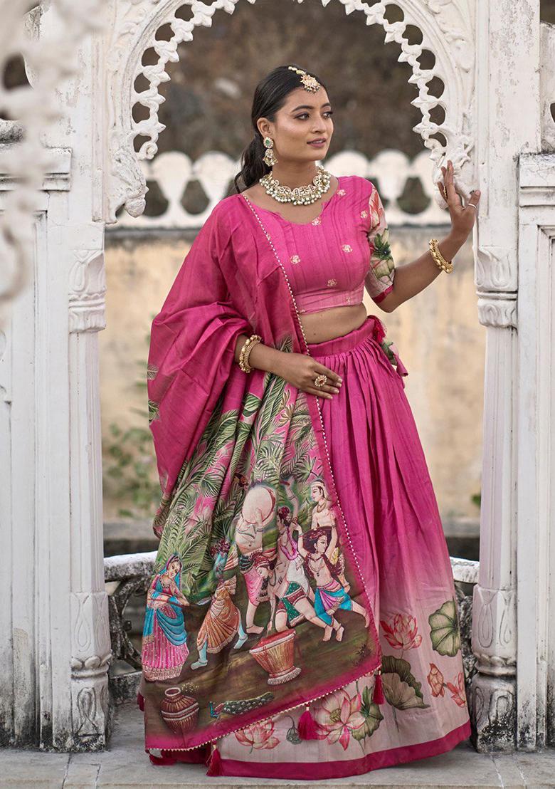 Pink Printed Pure Manipuri Silk Lehenga Set With Dupatta