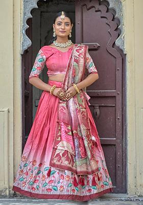 Gajari Pink Printed Pure Manipuri Silk Lehenga Set With Dupatta