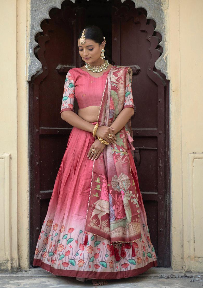Gajari Pink Printed Pure Manipuri Silk Lehenga Set With Dupatta
