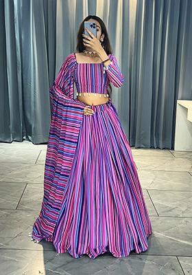 MultiColor Printed Georgette Lehenga Set With Dupatta