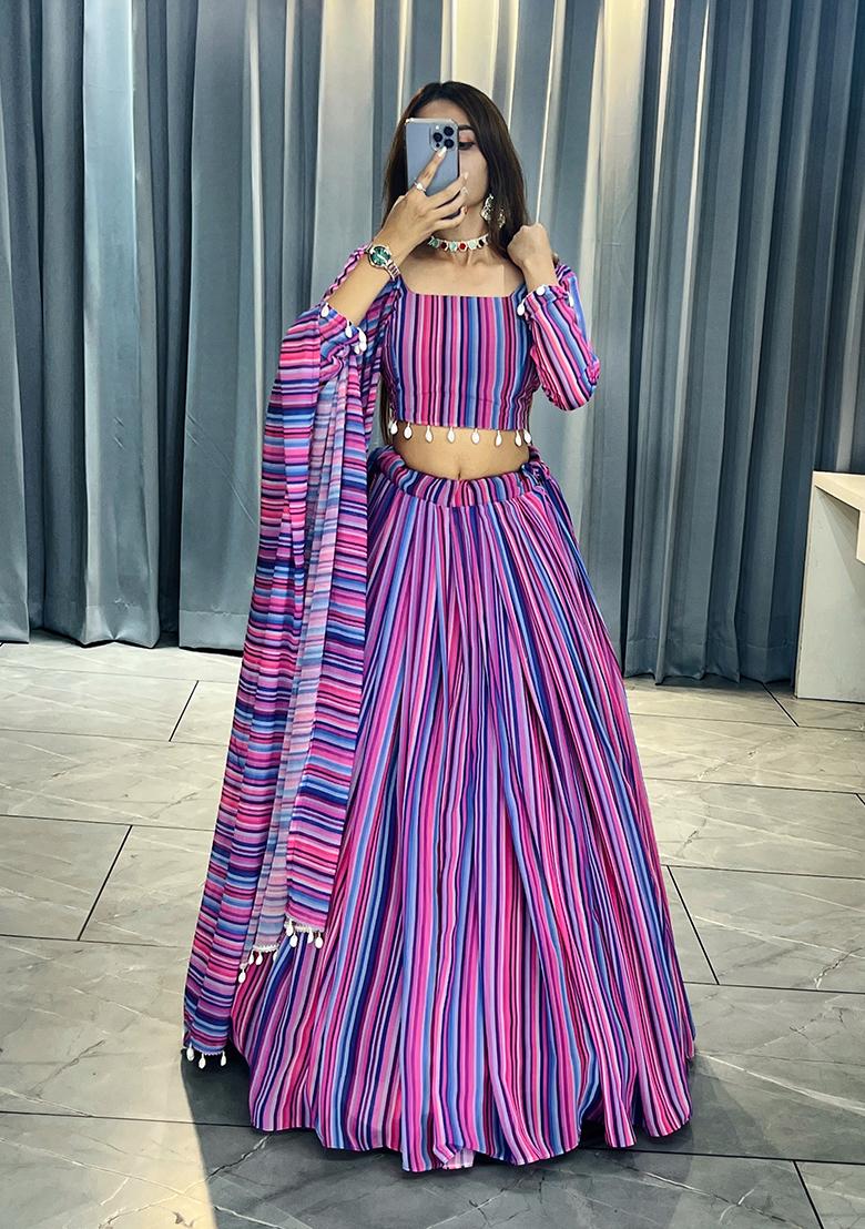 MultiColor Printed Georgette Lehenga Set With Dupatta