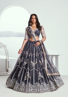 Grey Embroidered Net Lehenga Set With Dupatta