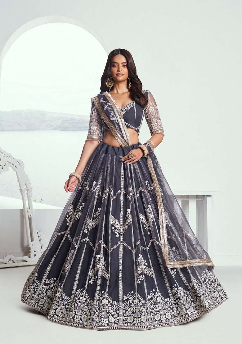 Grey Embroidered Net Lehenga Set With Dupatta for Diwali and Festive Wear - Indya