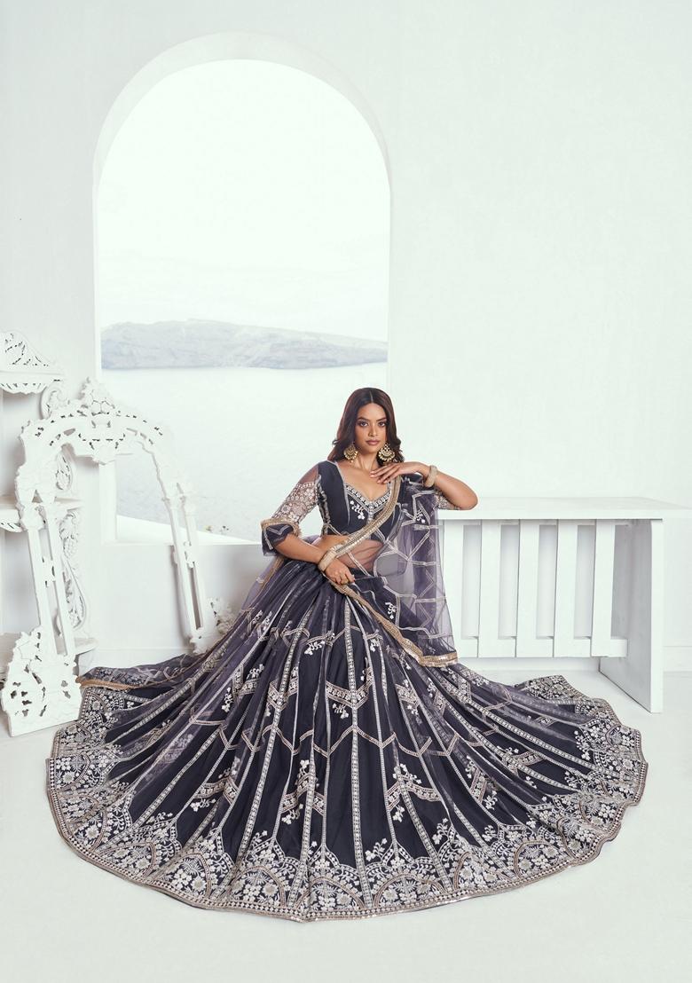 Grey Embroidered Net Lehenga Set With Dupatta