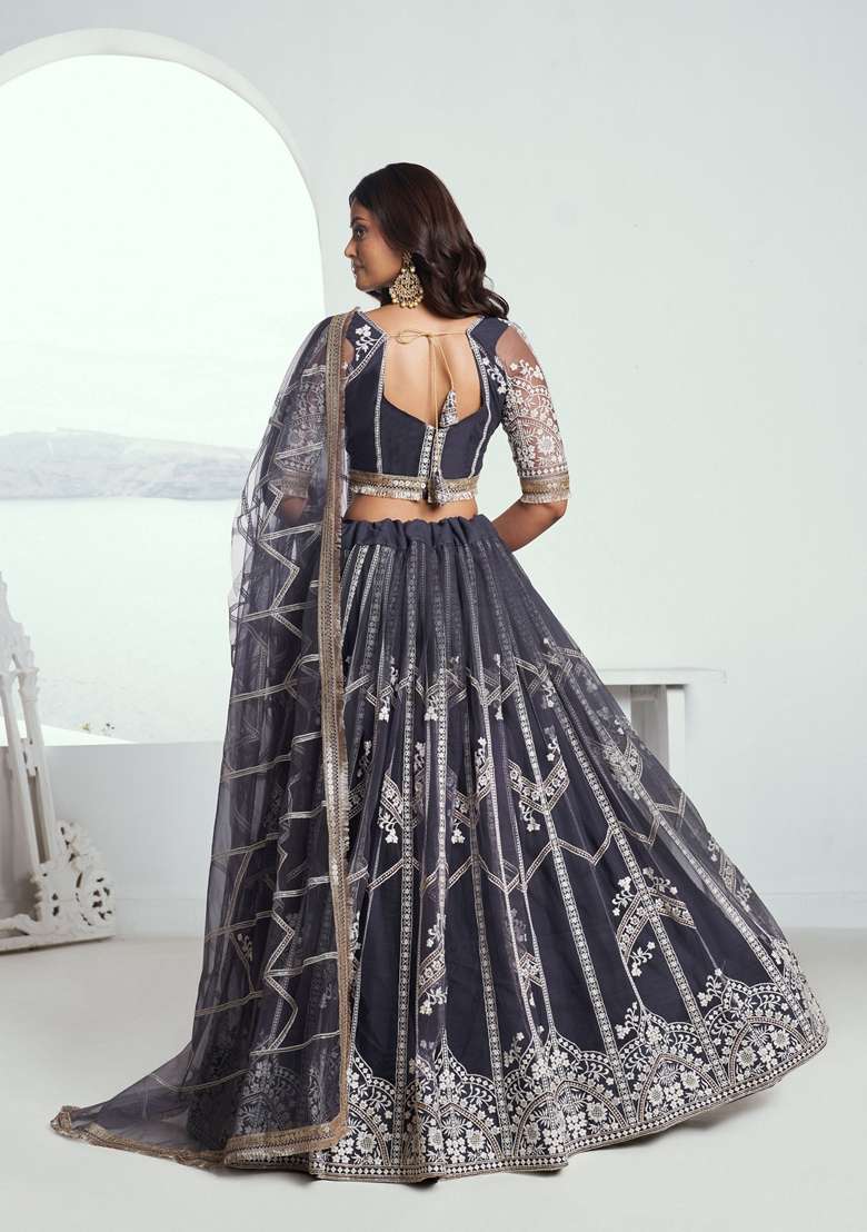 Grey Embroidered Net Lehenga Set With Dupatta for Diwali and Festive Wear - Indya