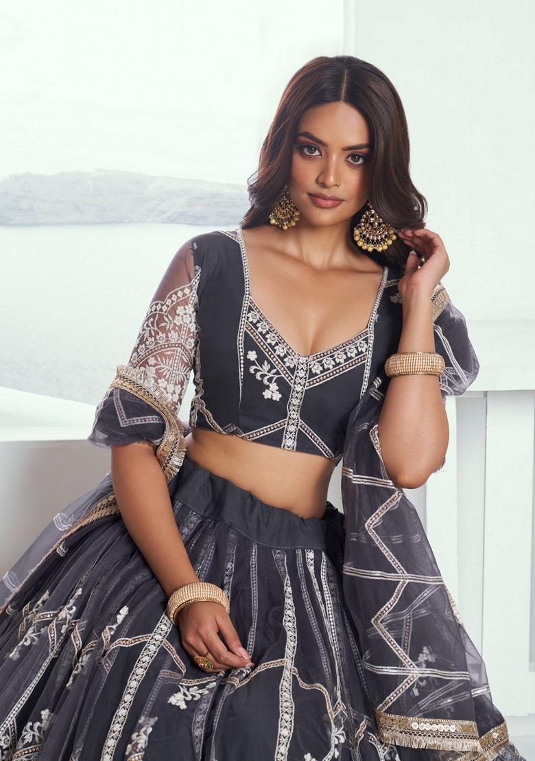 Grey Embroidered Net Lehenga Set With Dupatta
