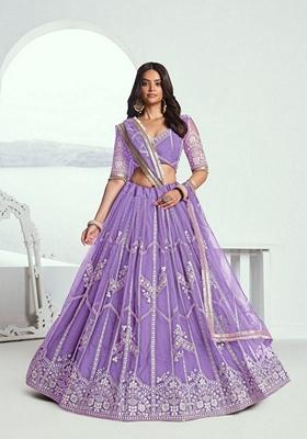Lavender Embroidered Net Lehenga Set With Dupatta
