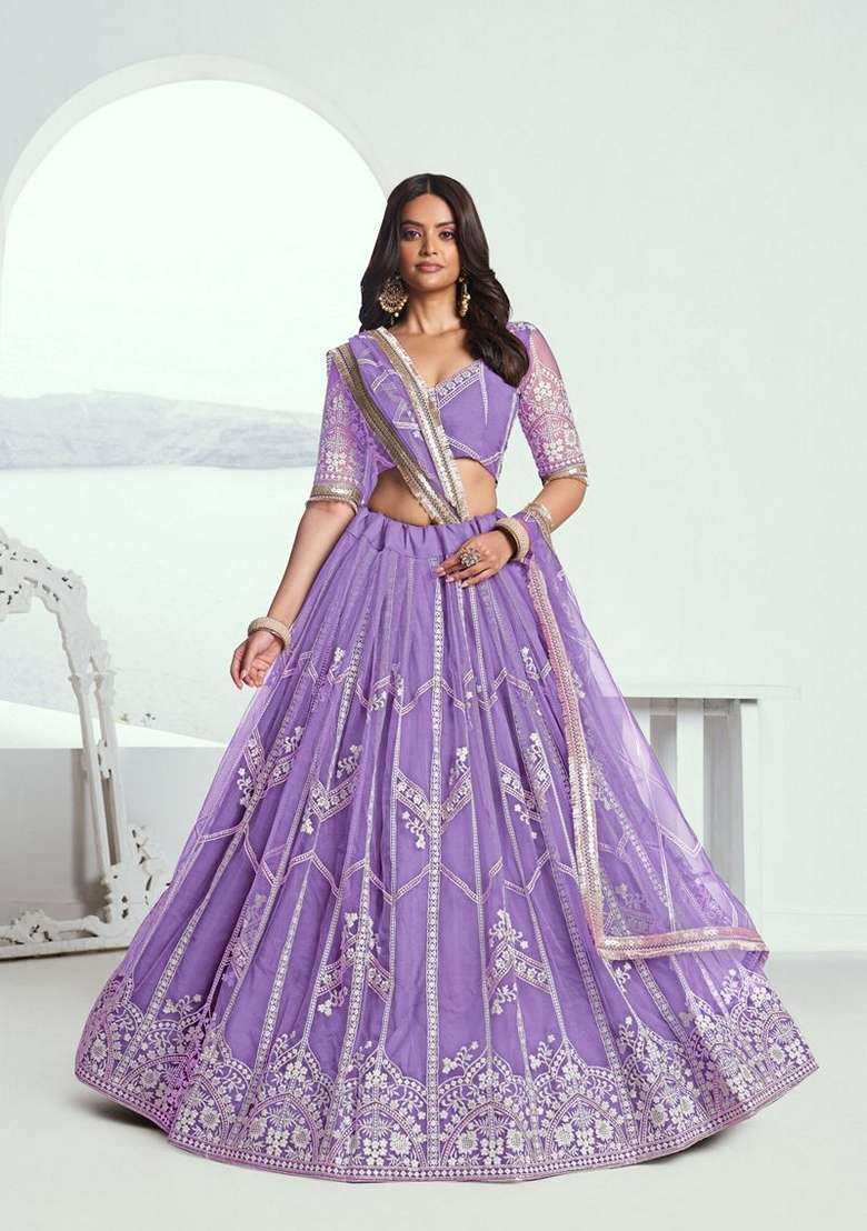 Lavender With Dupatta Net Lehenga Set with Embroidered for Diwali | Wedding & Festive Wear - Indya
