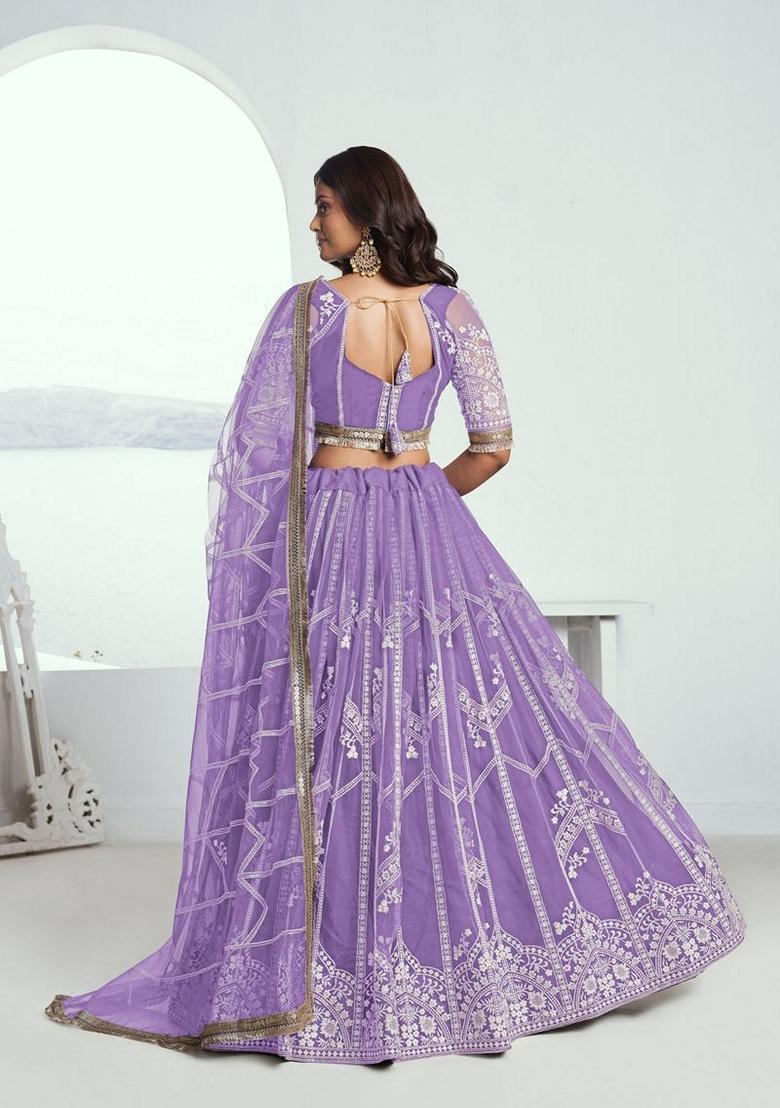 Lavender Embroidered Net Lehenga Set With Dupatta