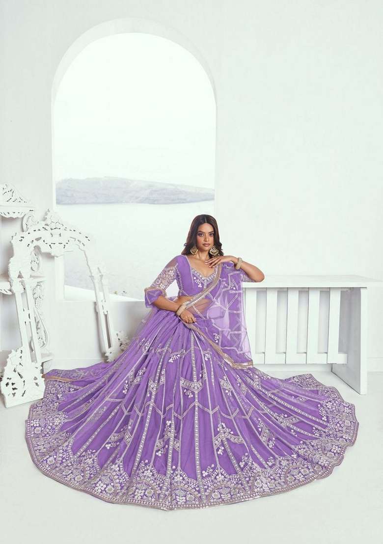 Lavender With Dupatta Net Lehenga Set with Embroidered for Diwali | Wedding & Festive Wear - Indya