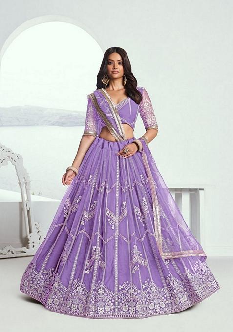 Lavender Embroidered Net Lehenga Set With Dupatta
