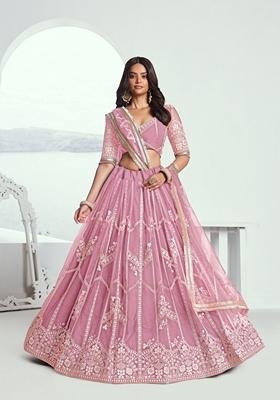 Pink Embroidered Net Lehenga Set With Dupatta