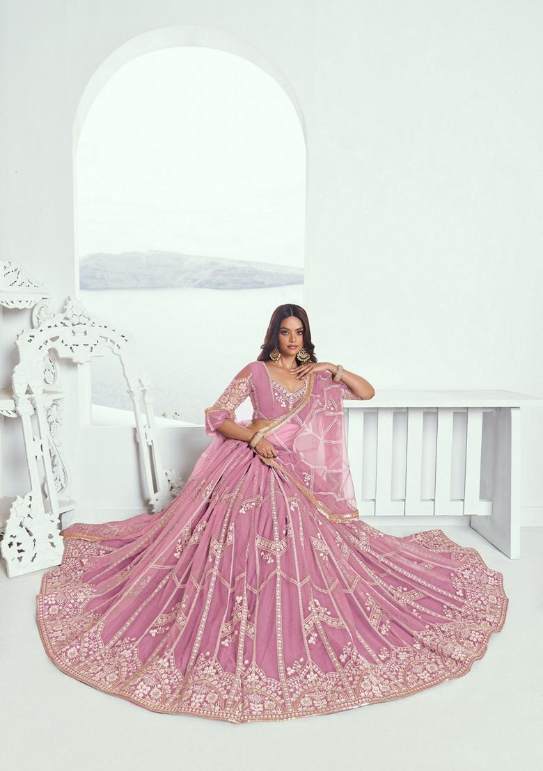 Pink Embroidered Net Lehenga Set With Dupatta
