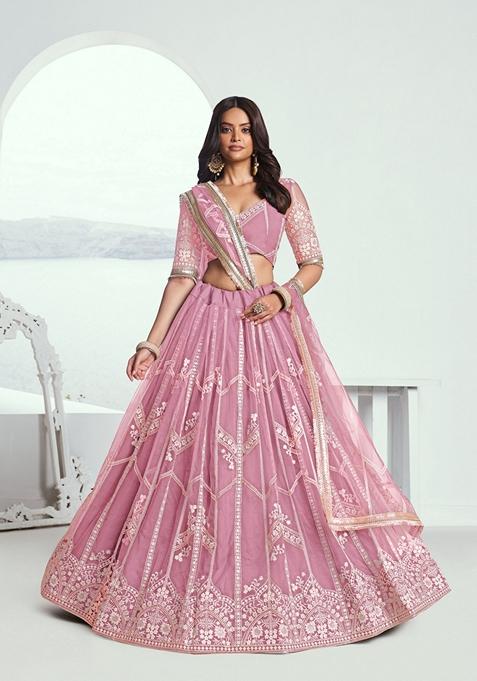 Pink Embroidered Net Lehenga Set With Dupatta