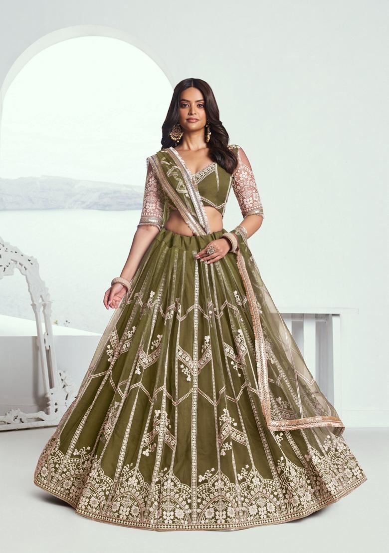 Green Embroidered Net Lehenga Set With Dupatta