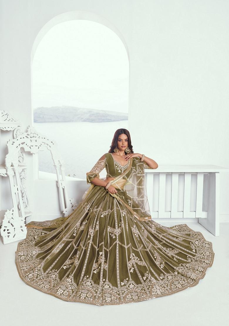 Green Embroidered Net Lehenga Set With Dupatta