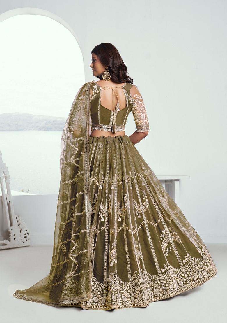 Green Embroidered Net Lehenga Set With Dupatta