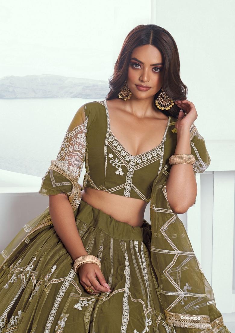Green Embroidered Net Lehenga Set With Dupatta
