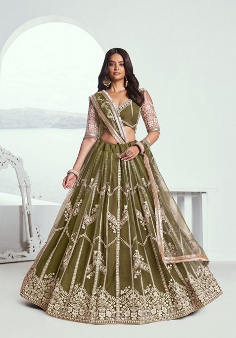 Green Embroidered Net Lehenga Set With Dupatta