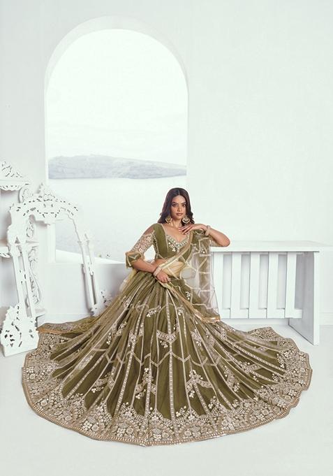 Green Embroidered Net Lehenga Set With Dupatta