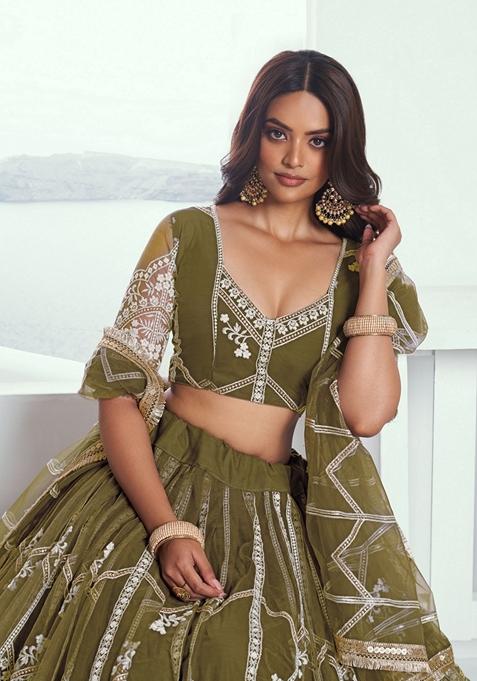 Green Embroidered Net Lehenga Set With Dupatta