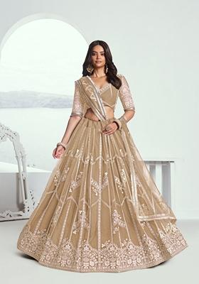 Beige Embroidered Net Lehenga Set With Dupatta