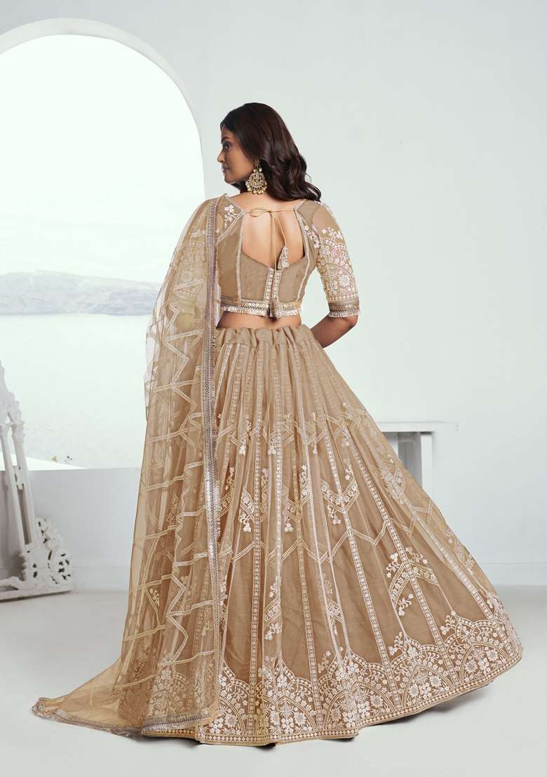 Beige Embroidered Net Lehenga Set With Dupatta for Diwali and Festive Wear - Indya