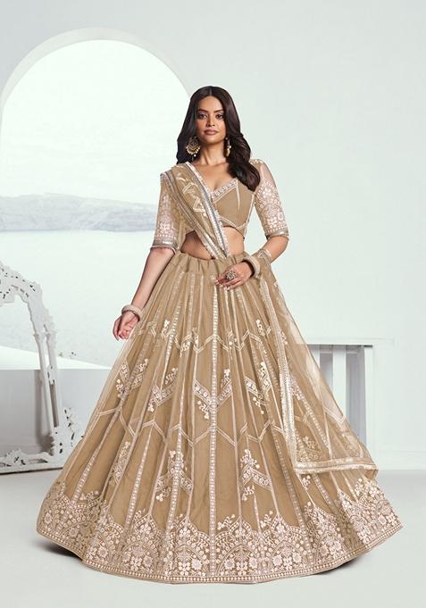 Beige Embroidered Net Lehenga Set With Dupatta