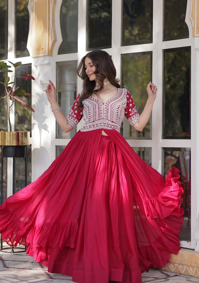 Pink Solid Georgette Lehenga Set
