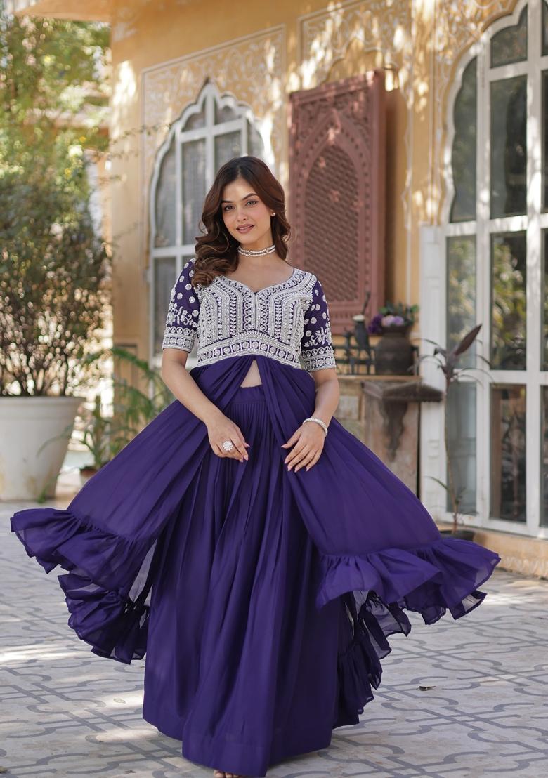 Purple Solid Georgette Lehenga Set
