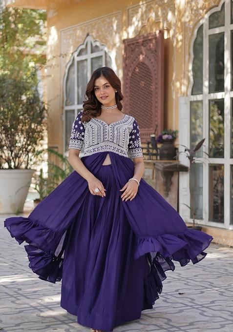 Purple Solid Georgette Lehenga Set