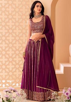 Wine Embroidered Georgette Lehenga Set With Dupatta