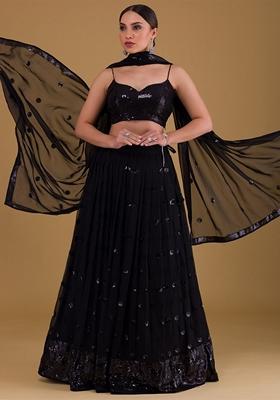 Black Embroidered Georgette Lehenga Set With Dupatta