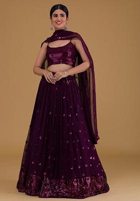 Purple Embroidered Georgette Lehenga Set With Dupatta