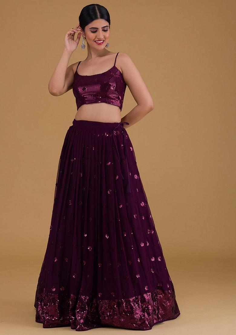 Purple Embroidered Georgette Lehenga Set With Dupatta