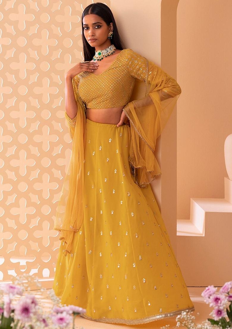 Yellow Embroidered Georgette Lehenga Set With Dupatta