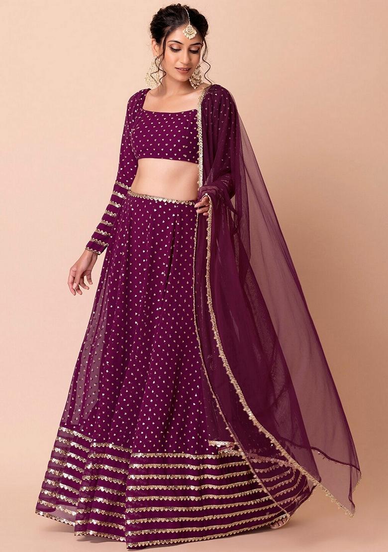 Wine Embroidered Georgette Lehenga Set With Dupatta