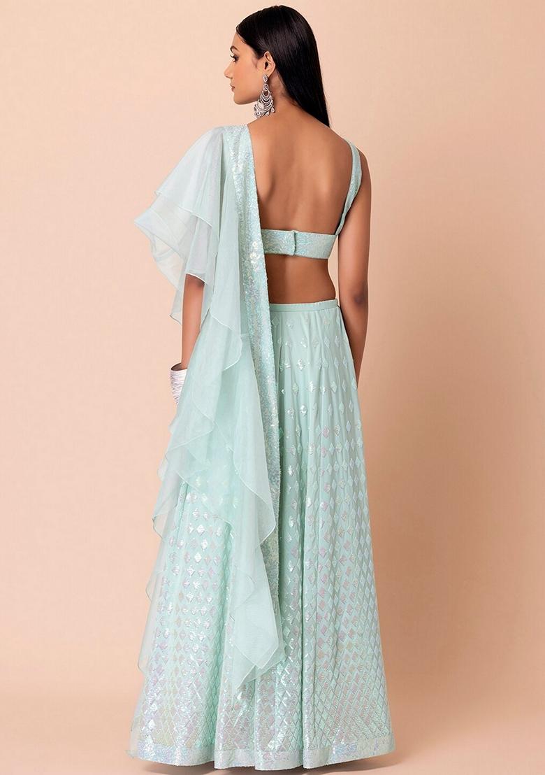 Blue Embroidered Georgette Lehenga Set With Dupatta