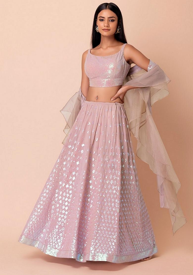 Pink Embroidered Georgette Lehenga Set With Dupatta